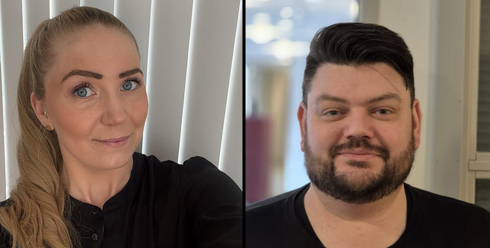kollage, porträtt på Stina Celander och Johan Persson