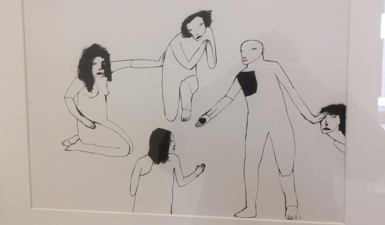 En svartvit teckning av människor som håller varandra i handen.