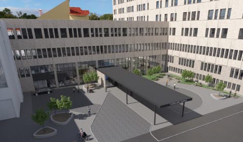 Visualisering av den nya huvudentrén på Hudiksvalls sjukhus, sedd utifrån. Den nya länkbyggnaden mot hus 23 är också synlig i bild. 