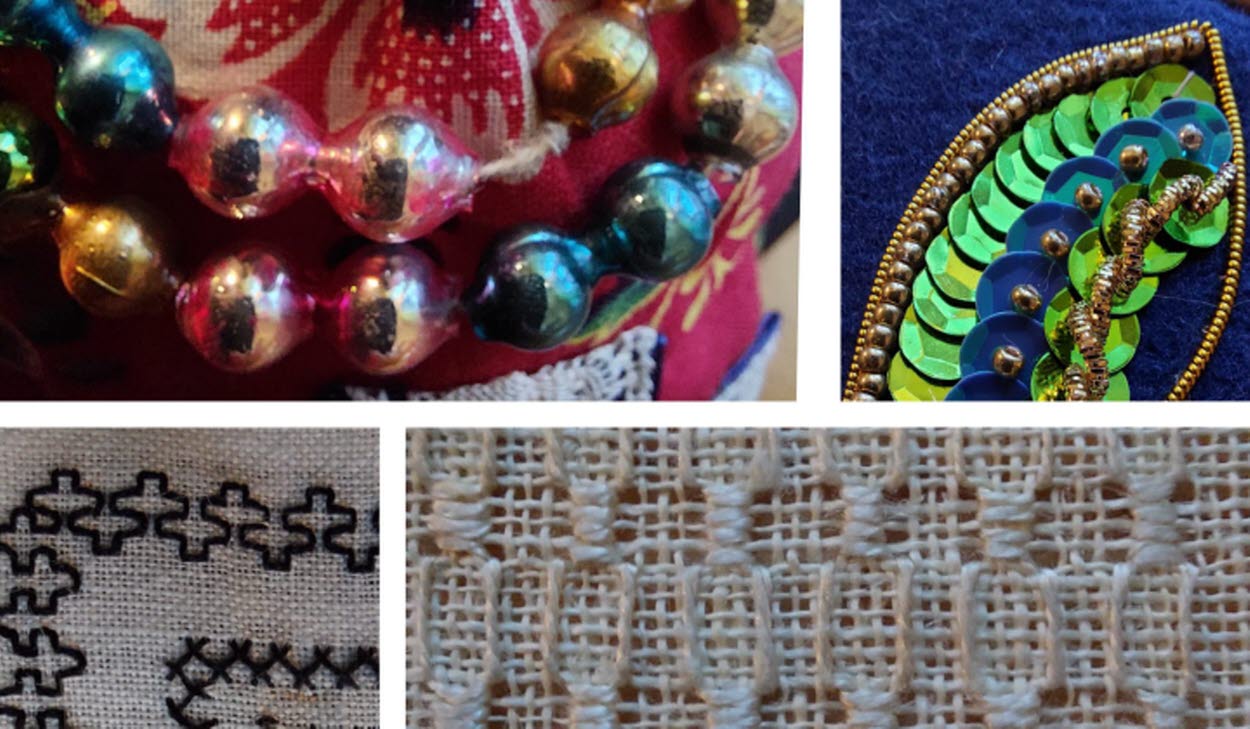 Kollage av fem olika broderier