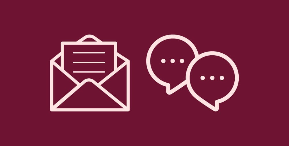 Två ikoner som symboliserar dialog med mörkröd bakgrund